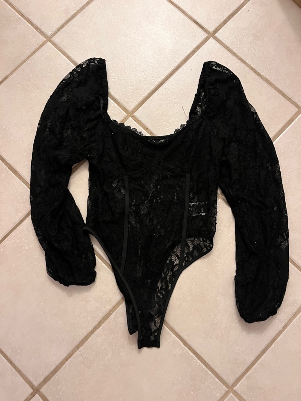 SHEIN Black Lace Bodysuit with Long Sleeves